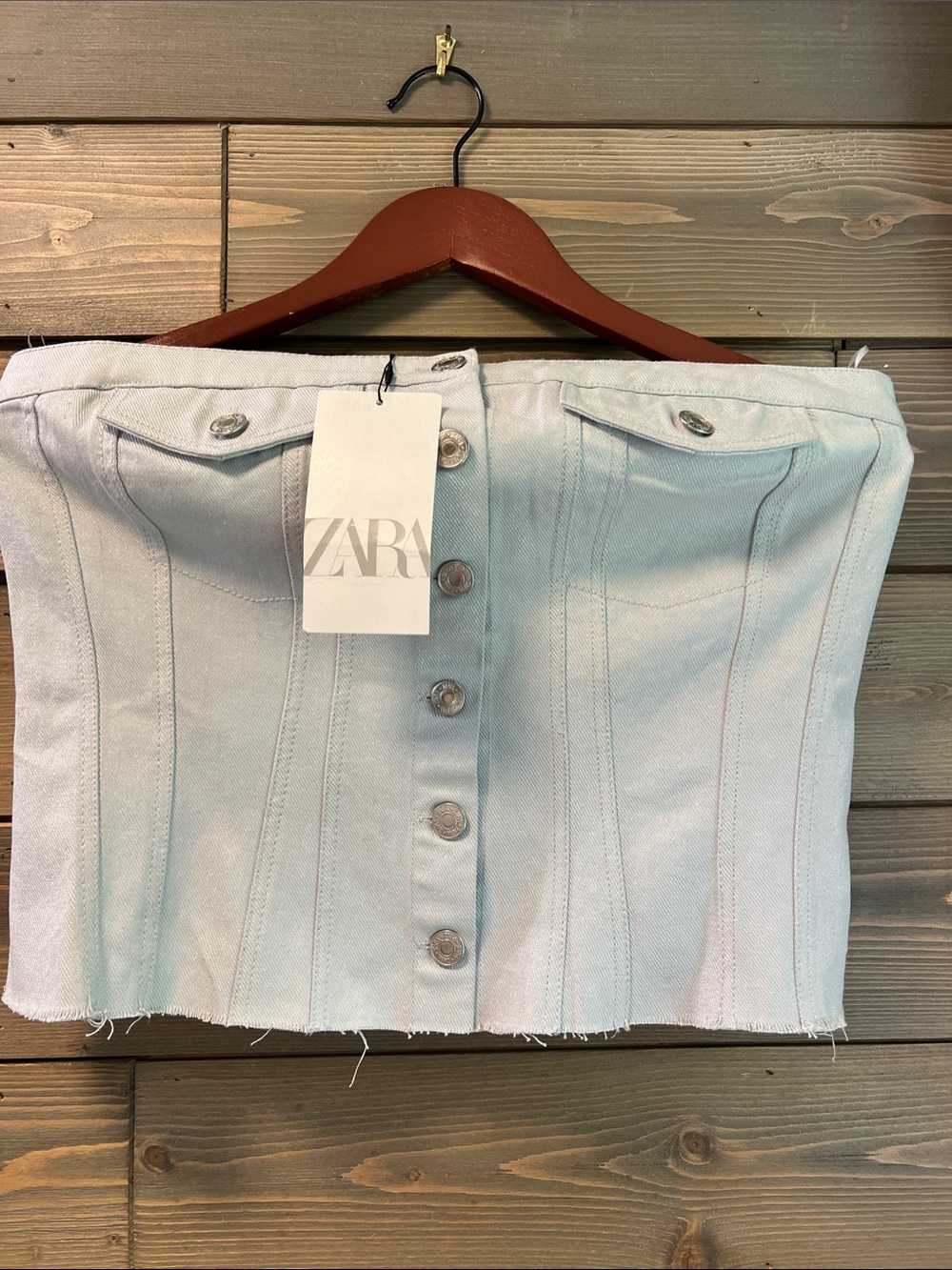 ZARA Pale Blue Denim Button-Front Corset Tube Top NWT